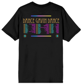 A black short-sleeve t-shirt shown from the back, featuring a colorful graphic print with the text 'DANCE GAVIN DANCE' in gold, a rainbow-colored horizontal line, a list of names in rainbow colors, and the number '20' in two small circles at the bottom.