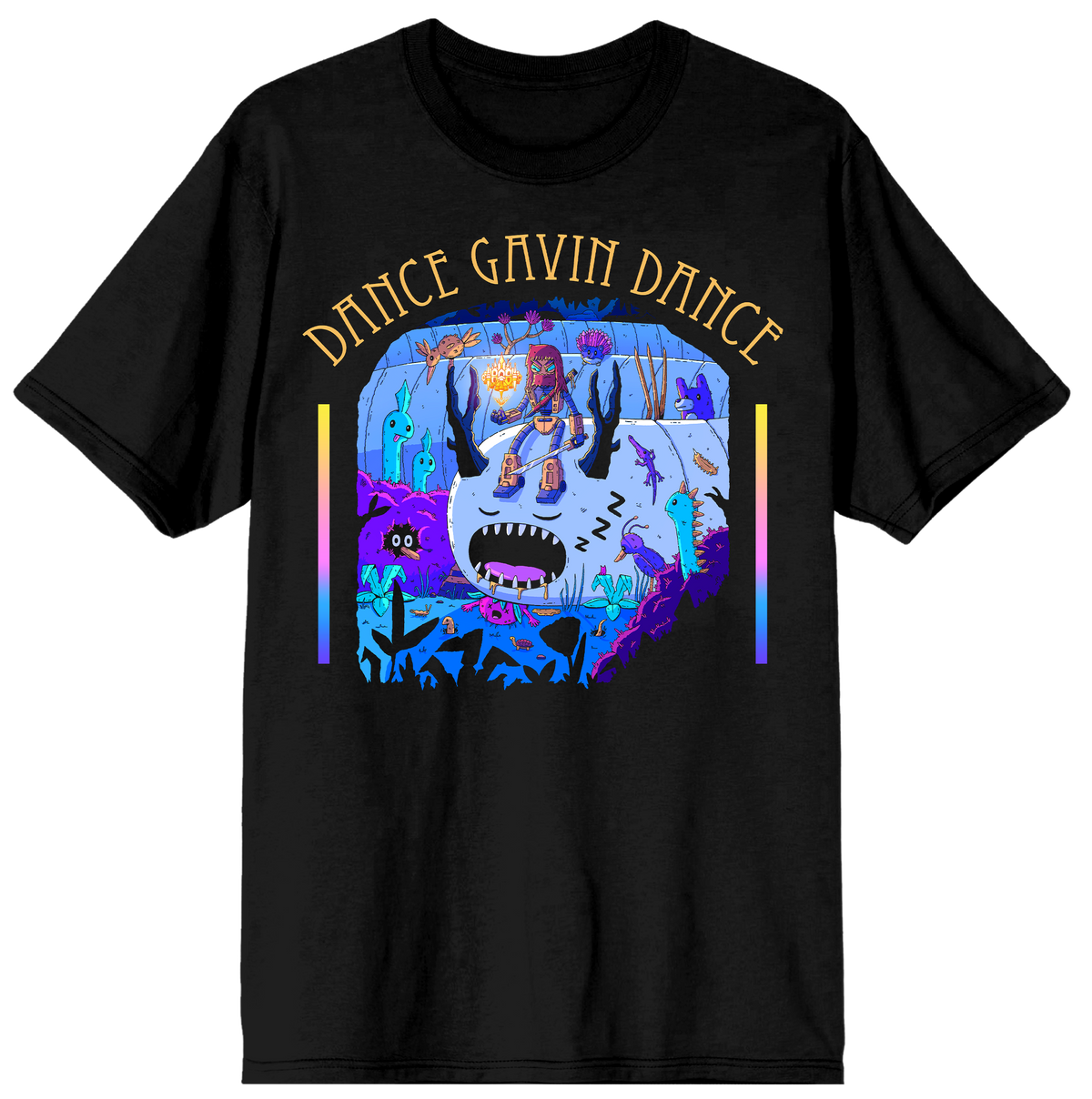 A black short-sleeve crewneck t-shirt featuring a colorful graphic print of a cartoon character in a neon purple and blue landscape, with the text 'DANCE GAVIN DANCE' arched above in gold.
