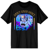 A black short-sleeve crewneck t-shirt featuring a colorful graphic print of a cartoon character in a neon purple and blue landscape, with the text 'DANCE GAVIN DANCE' arched above in gold.