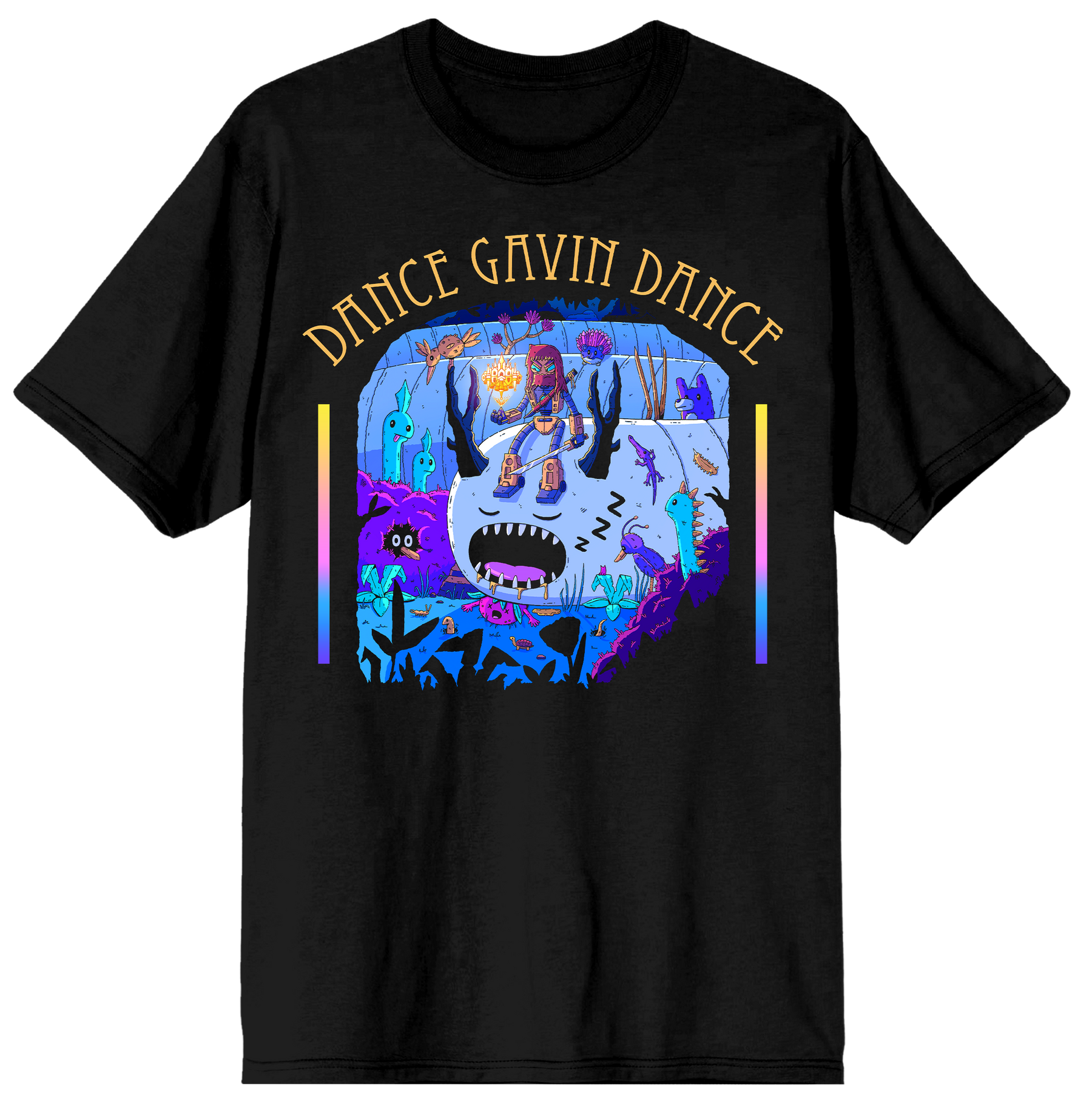 A black short-sleeve crewneck t-shirt featuring a colorful graphic print of a cartoon character in a neon purple and blue landscape, with the text 'DANCE GAVIN DANCE' arched above in gold.