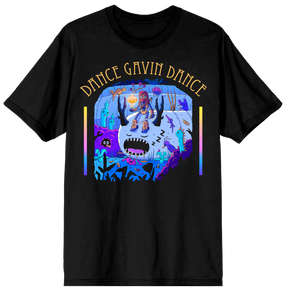 A black short-sleeve crewneck t-shirt featuring a colorful graphic print of a cartoon character in a neon purple and blue landscape, with the text 'DANCE GAVIN DANCE' arched above in gold.