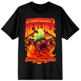 Black t-shirt with colorful graphic design and text on a white background