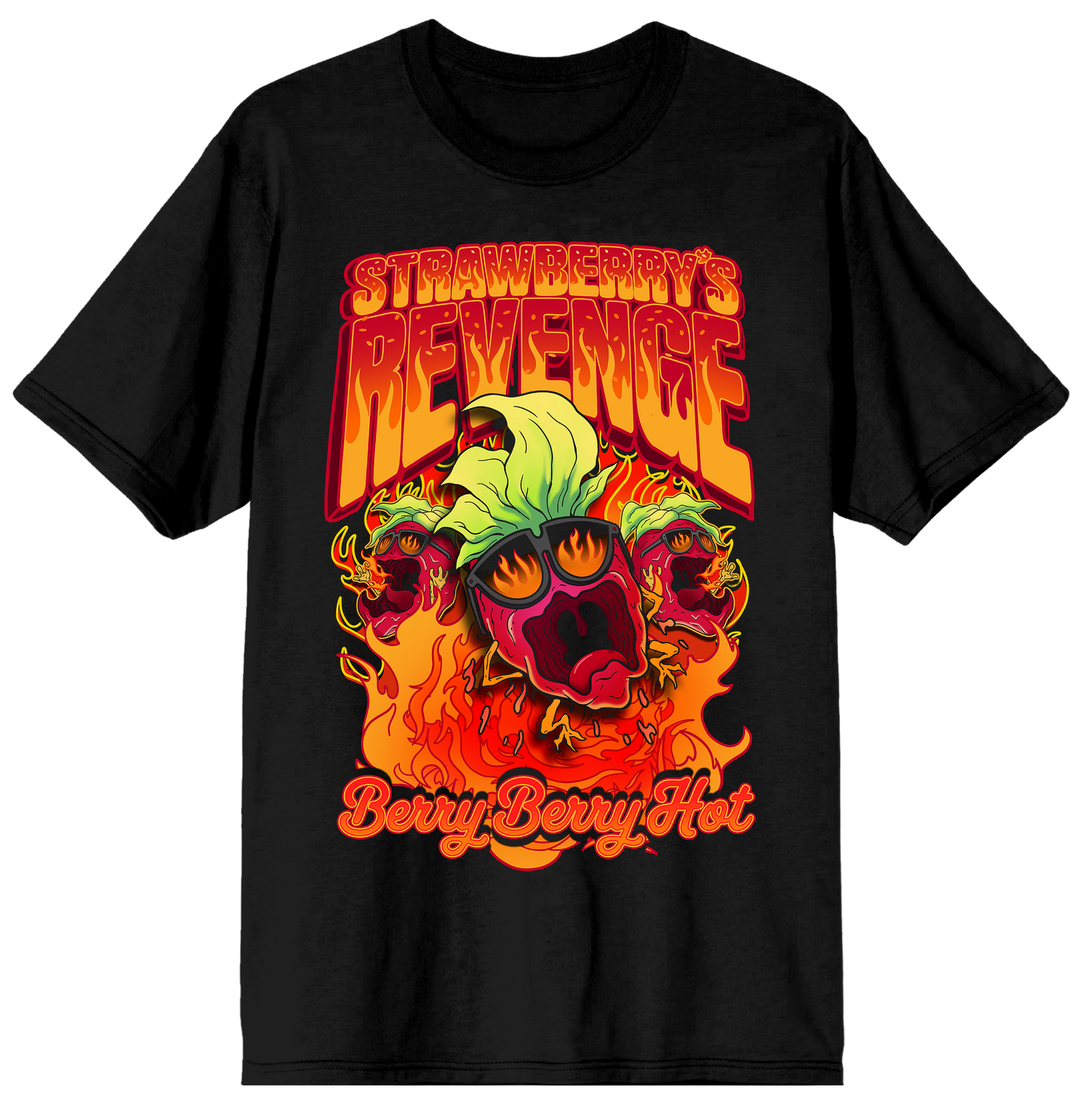 Black t-shirt with colorful graphic design and text on a white background