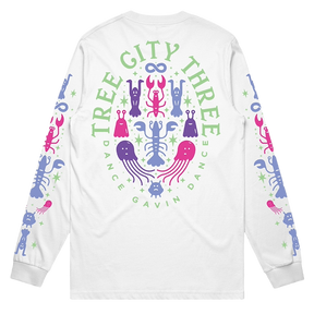 White long-sleeve shirt with colorful lobster design and text on a white background
