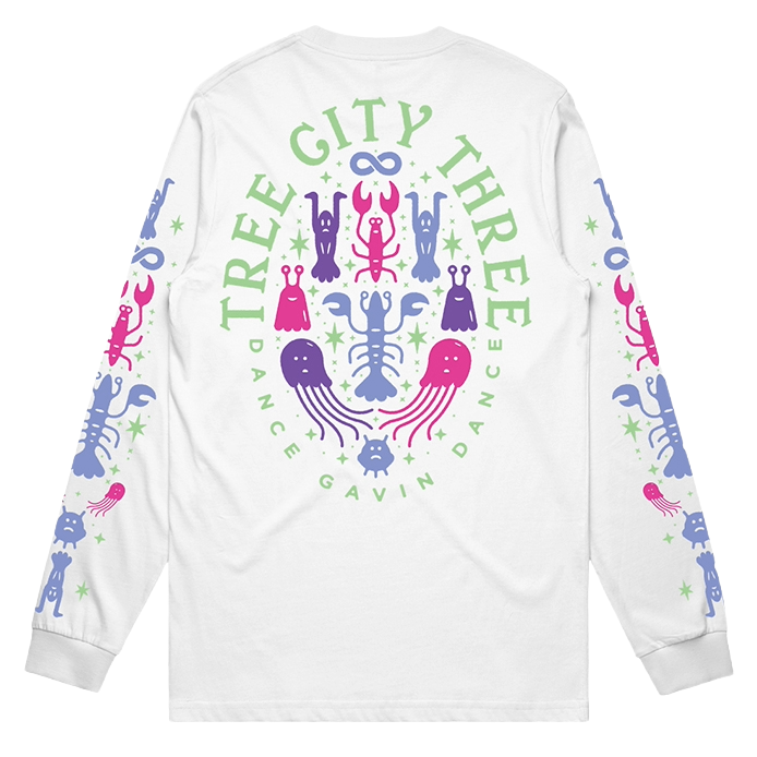 White long-sleeve shirt with colorful lobster design and text on a white background