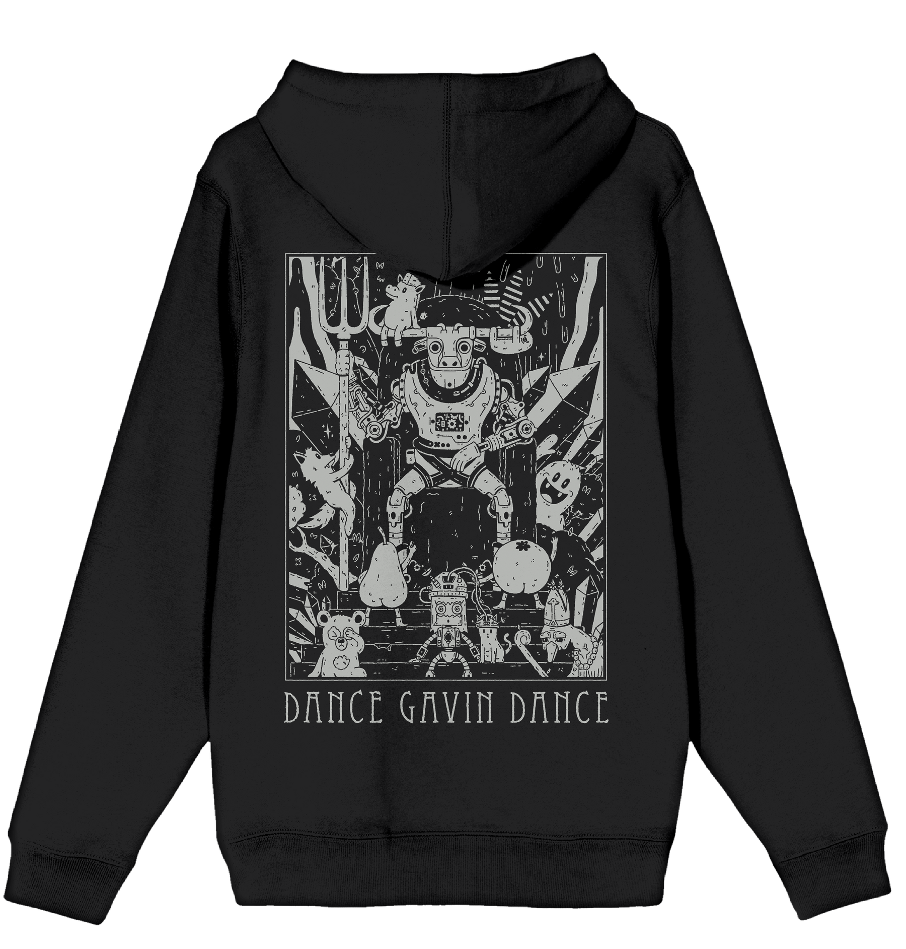 Black hoodie with a graphic design and 'Dance Gavin Dance' text on the back, on a white background.