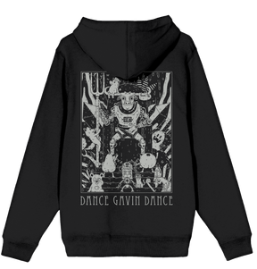 Black hoodie with a graphic design and 'Dance Gavin Dance' text on the back, on a white background.