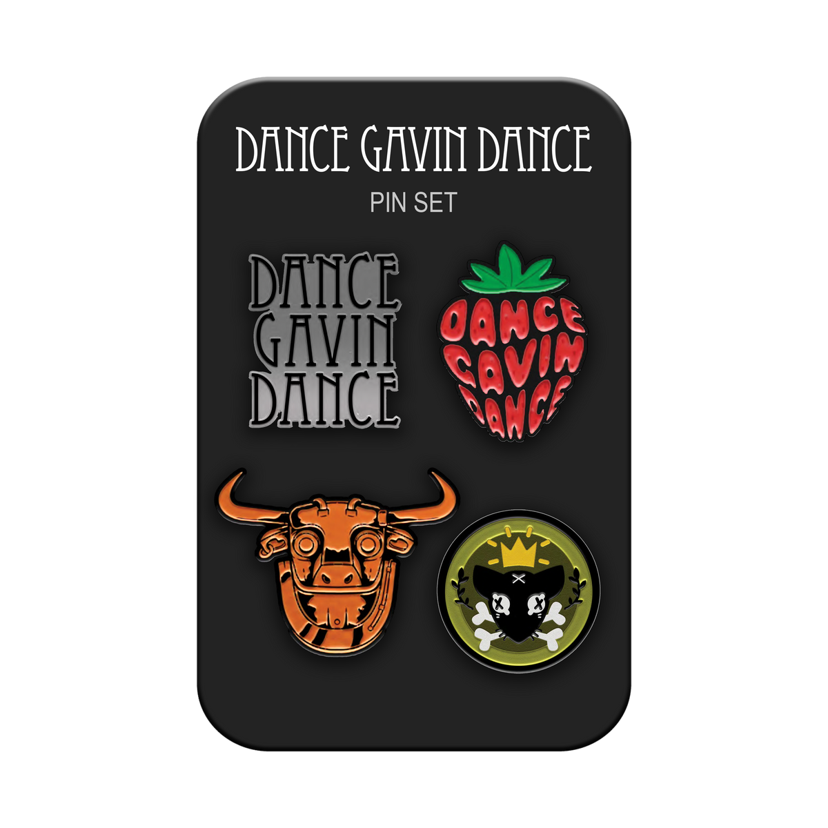 Set of 'Dance Gavin Dance' themed pins on a black card with band name.