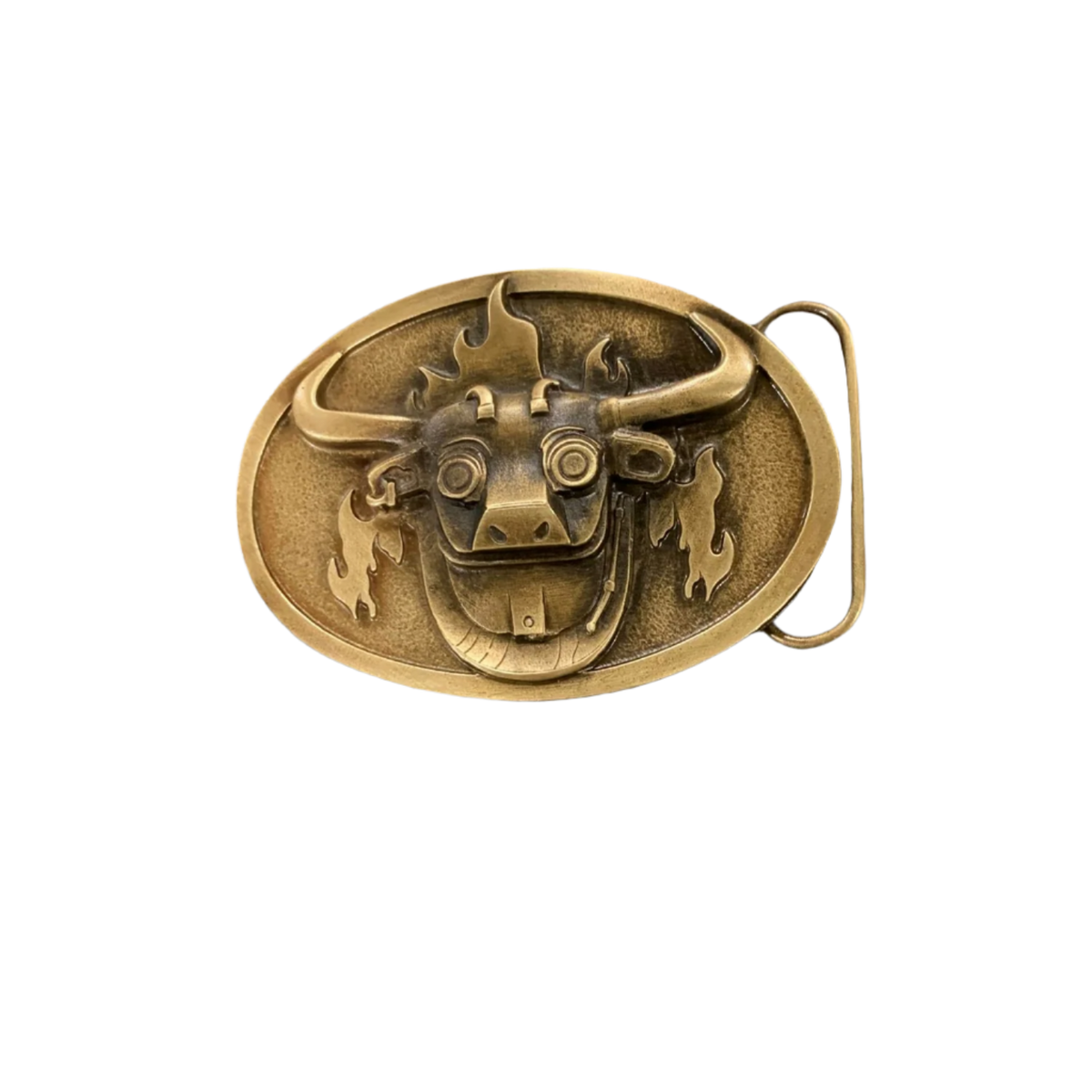 A bronze finish belt buckle with a design resembling a stylized bull's head