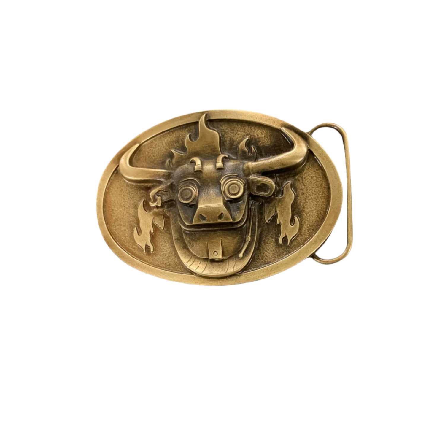 A bronze finish belt buckle with a design resembling a stylized bull's head