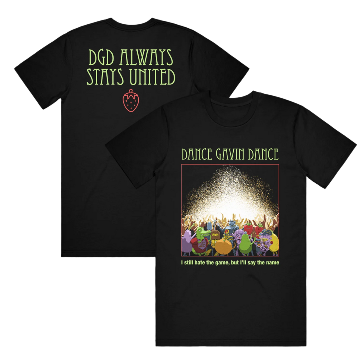 Black T-shirt with graphic print on the front and text on the back, showcasing a band named Dance Gavin Dance.