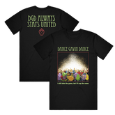 Black T-shirt with graphic print on the front and text on the back, showcasing a band named Dance Gavin Dance.