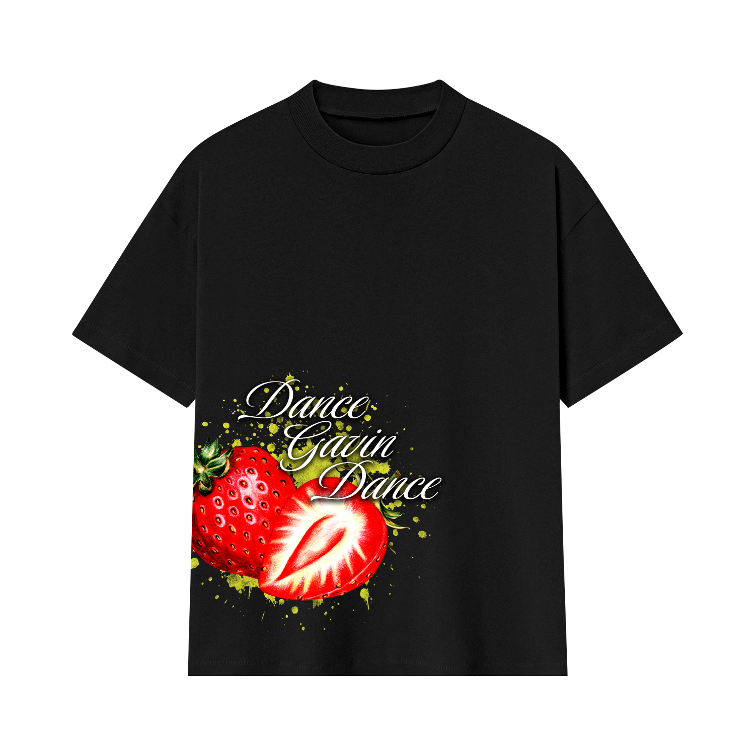 Black t-shirt with a strawberry graphic and 'Dance Gavin Dance' text on a white background