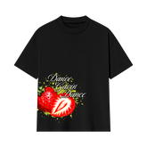 Black t-shirt with a strawberry graphic and 'Dance Gavin Dance' text on a white background