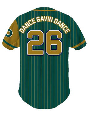 Green and gold baseball jersey with 'Dance Gavin Dance' and number '26'