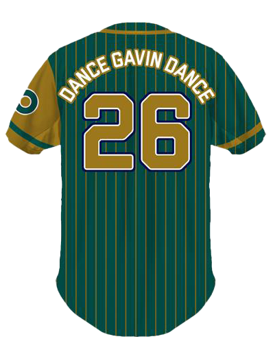 Green and gold baseball jersey with 'Dance Gavin Dance' and number '26'