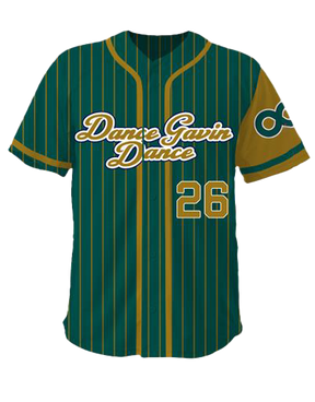 Green and gold baseball jersey with 'Dance Gavin Dance' and number '26'