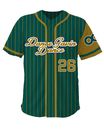 Green and gold baseball jersey with 'Dance Gavin Dance' and number '26'