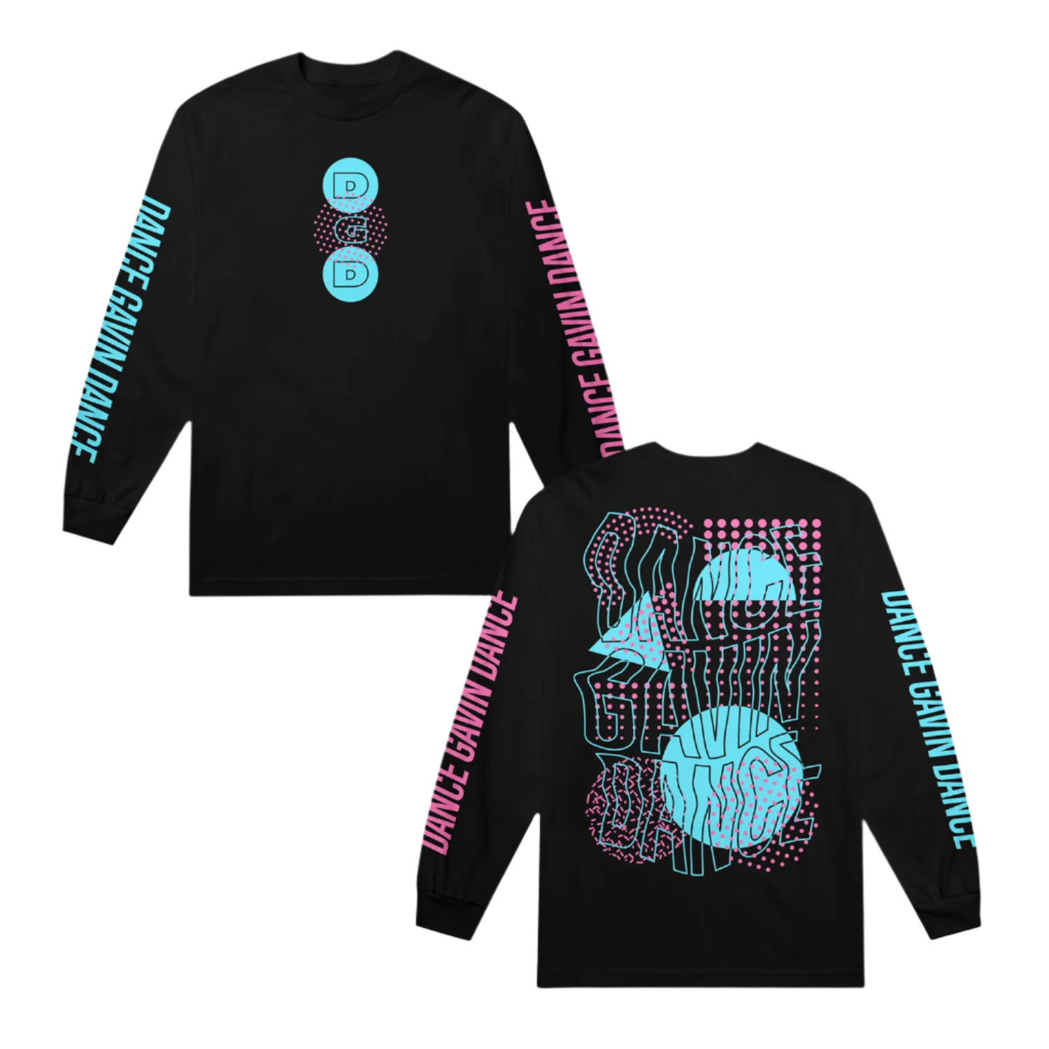 Black long-sleeve shirt with blue and pink Dance Gavin Dance graphics and text 