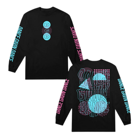Black long-sleeve shirt with blue and pink Dance Gavin Dance graphics and text 