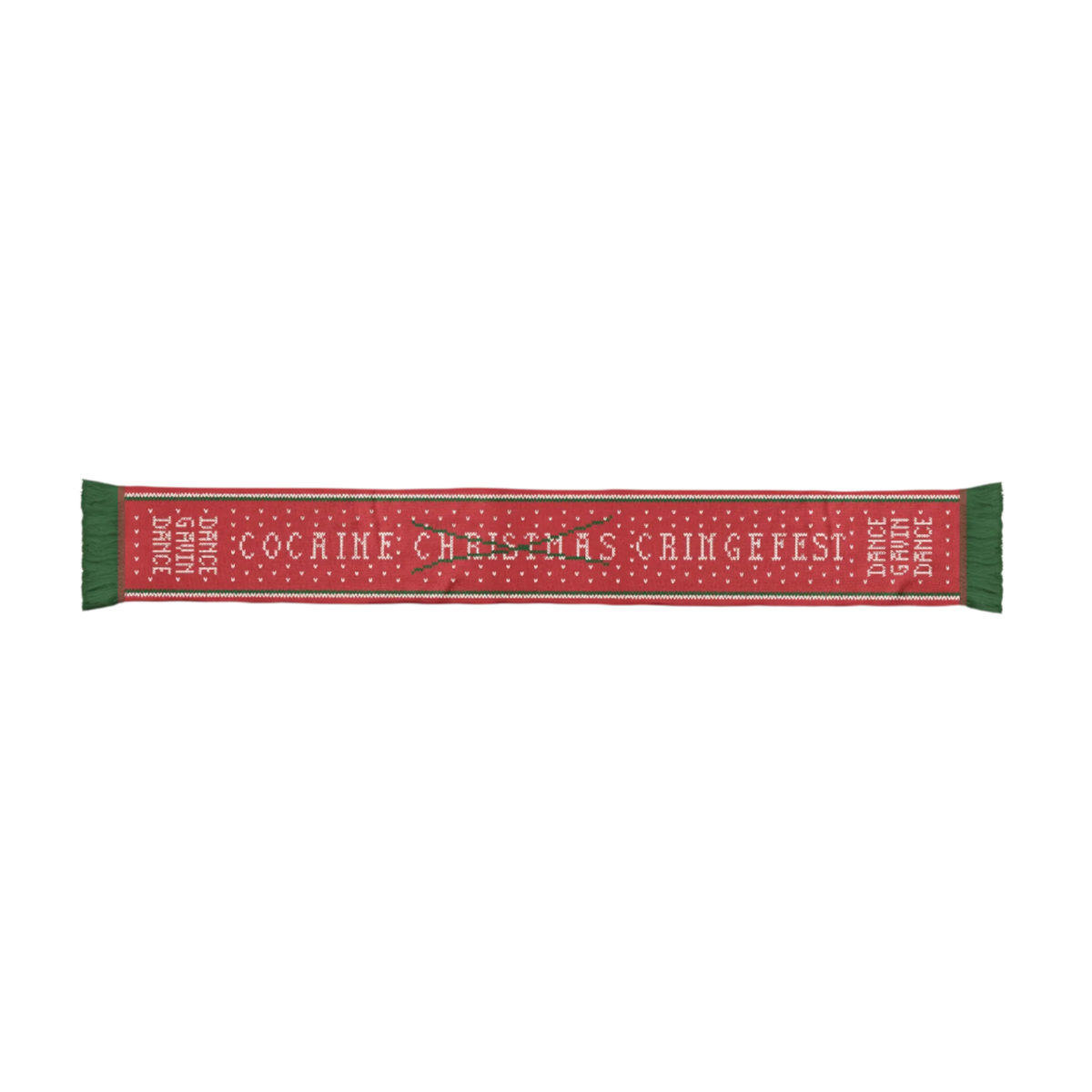 A red and green custom-knit acrylic scarf with text pattern.