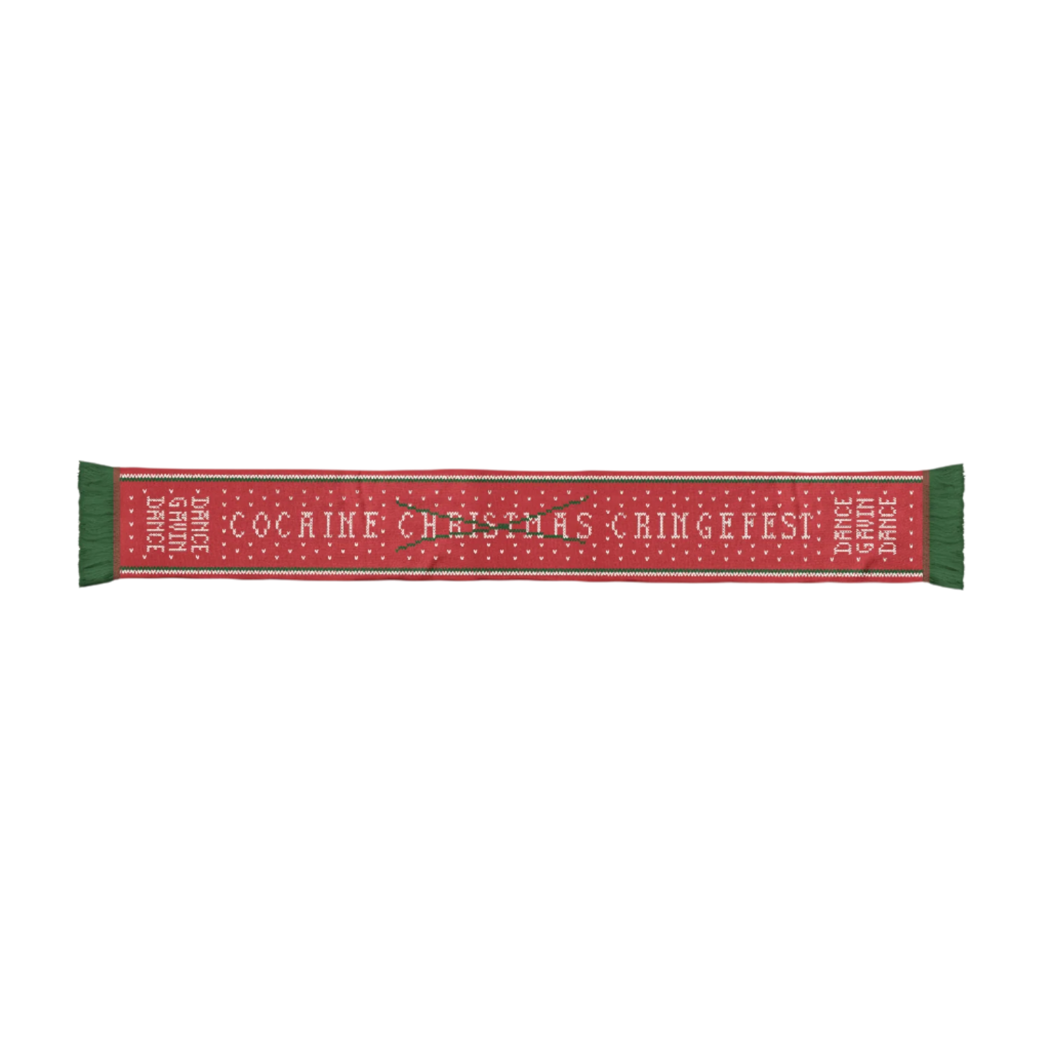 A red and green custom-knit acrylic scarf with text pattern.