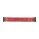 A red and green custom-knit acrylic scarf with text pattern.
