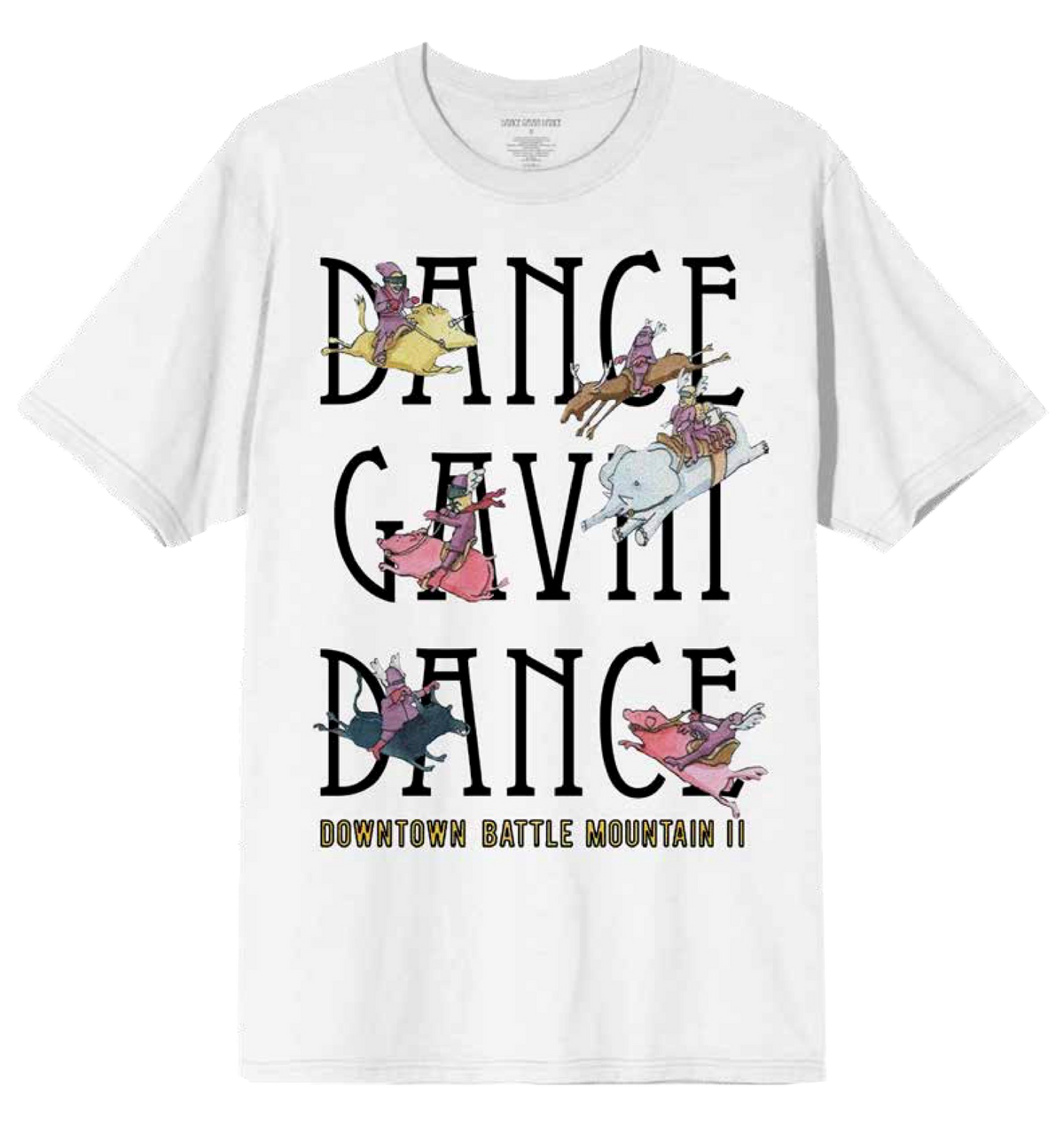 White t-shirt with 'DANCE GAVIN DANCE' text and cartoon characters on a white background