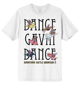 White t-shirt with 'DANCE GAVIN DANCE' text and cartoon characters on a white background