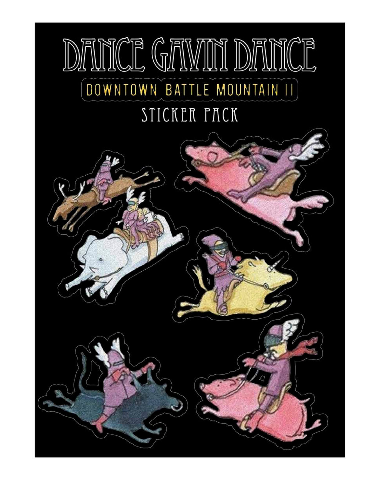 Sticker pack with colorful illustrations of characters on animals against a black background.