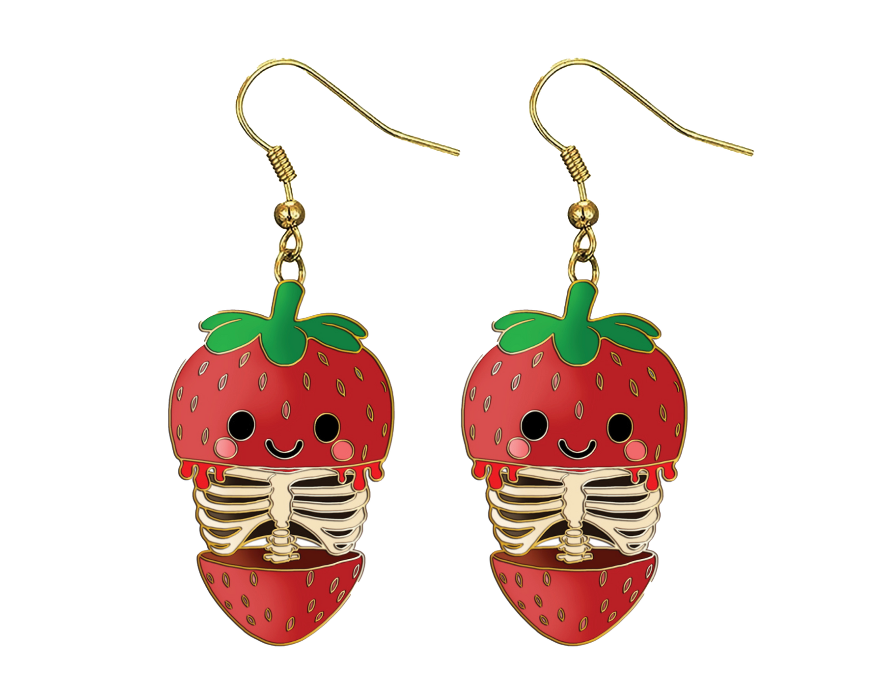 Strawberry skeleton earrings on a white background