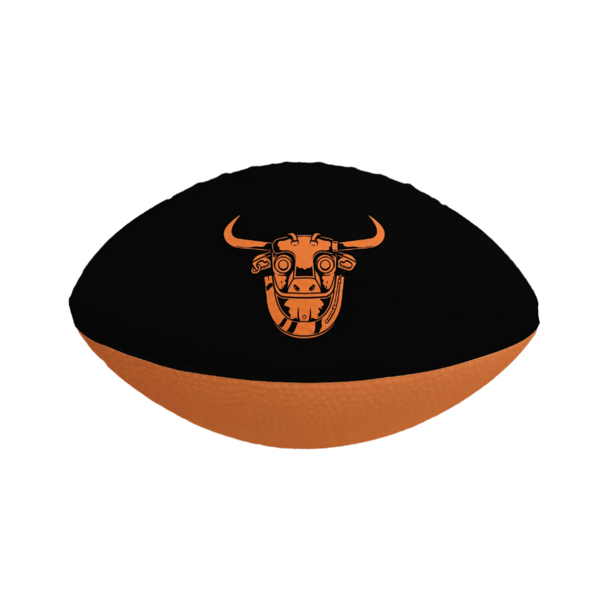 A black and orange foam football with a bull face design in orange on the top side.