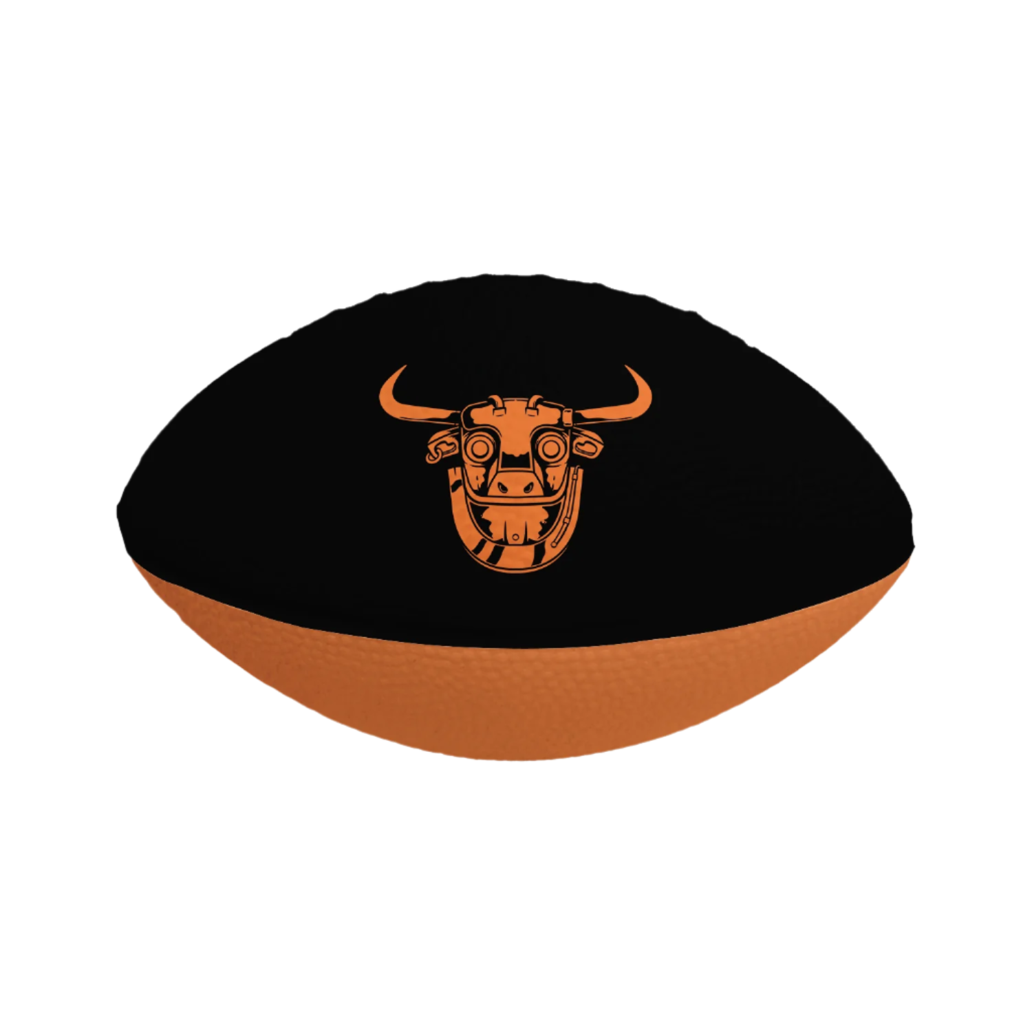 A black and orange foam football with a bull face design in orange on the top side.