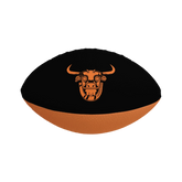 A black and orange foam football with a bull face design in orange on the top side.