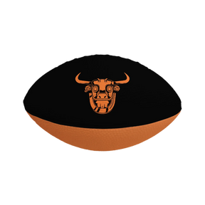 A black and orange foam football with a bull face design in orange on the top side.