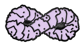 Purple pin with black outlines on a white background