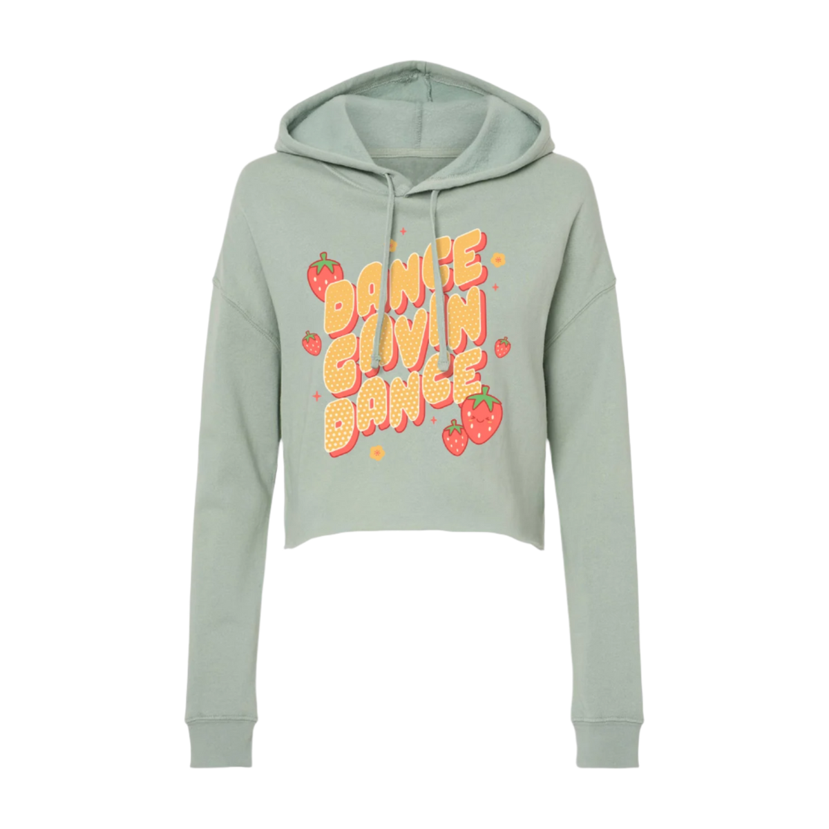 Light green hoodie with 'Dance Gavin Dance' text and strawberry graphics on the front