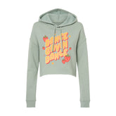 image of a cropped sage ladies pullover hoodie on a white background. hoodie has center print that says dance gavin dance with strawberries around it