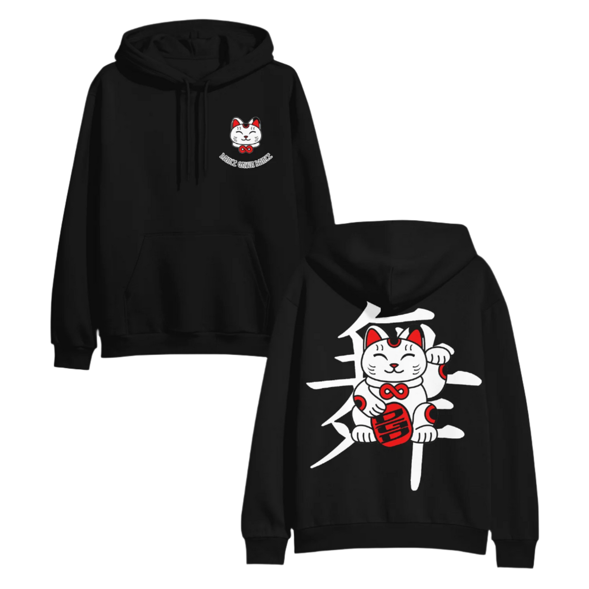 Black hoodie with a white cat design on the front and back, on a white background