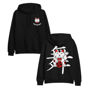 Black hoodie with a white cat design on the front and back, on a white background