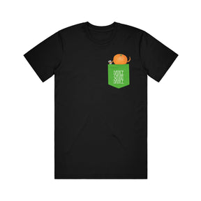 image of a black tee shirt on a white background. printed pocket on right with and orange character coming out of it.