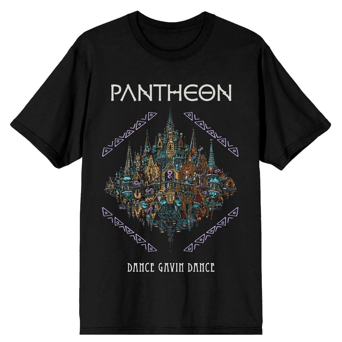 Black t-shirt with 'Pantheon' and 'Dance Gavin Dance' design on a white background