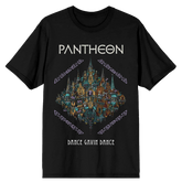 Black t-shirt with 'Pantheon' and 'Dance Gavin Dance' design on a white background