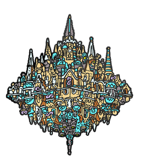 Colorful, stylized illustration of a castle-like structure on a white background