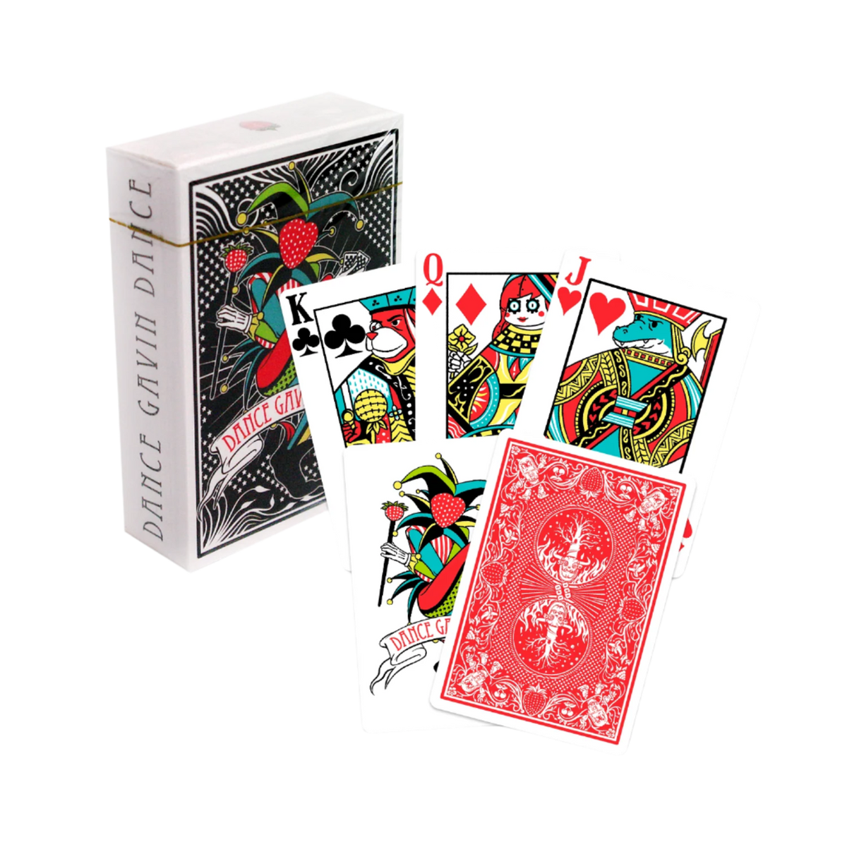Playing cards with colorful designs and a box labeled 'Dance Gavin Dance' 
