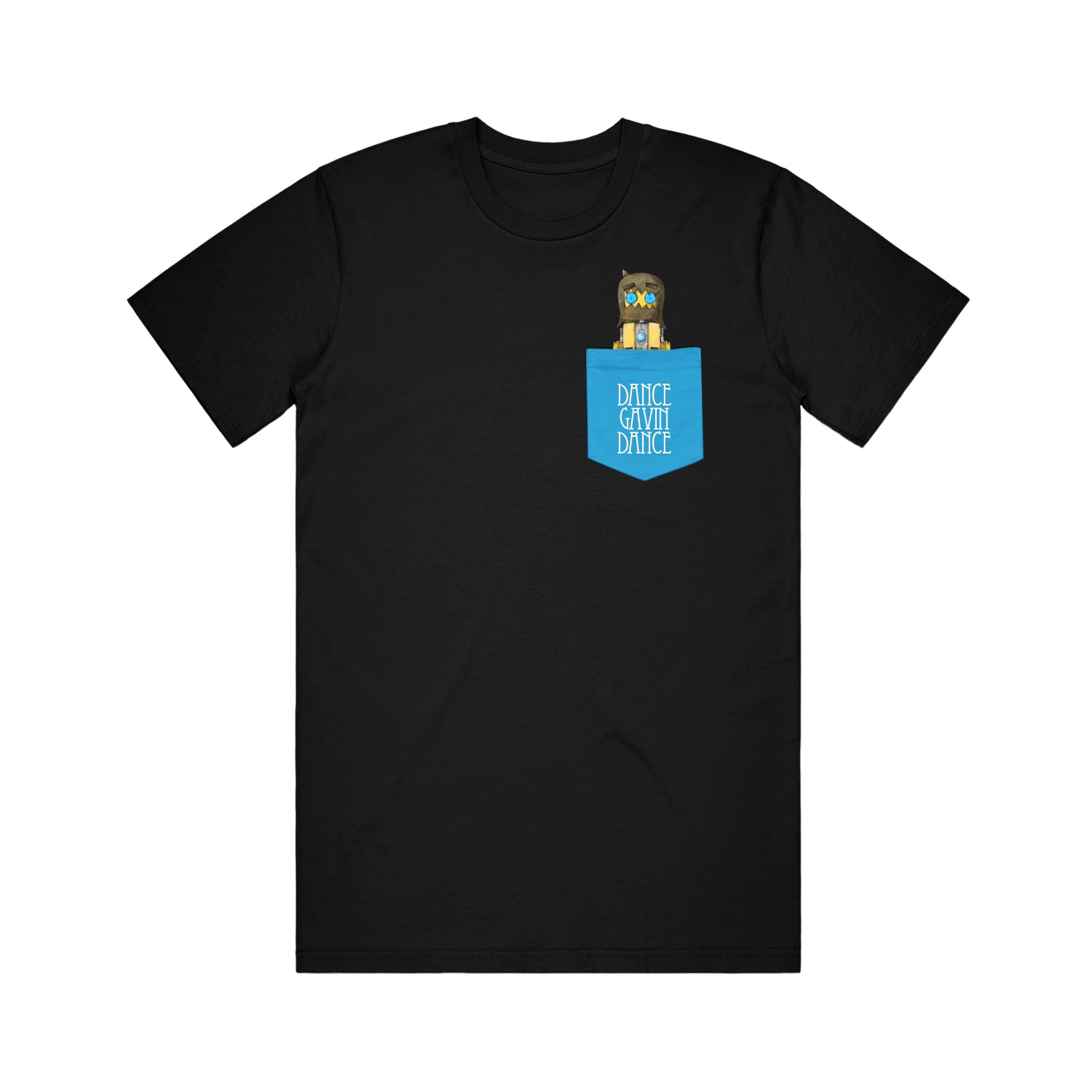 image of a black tee shirt on a white background. printed pocket on right with a robot character coming out of it.