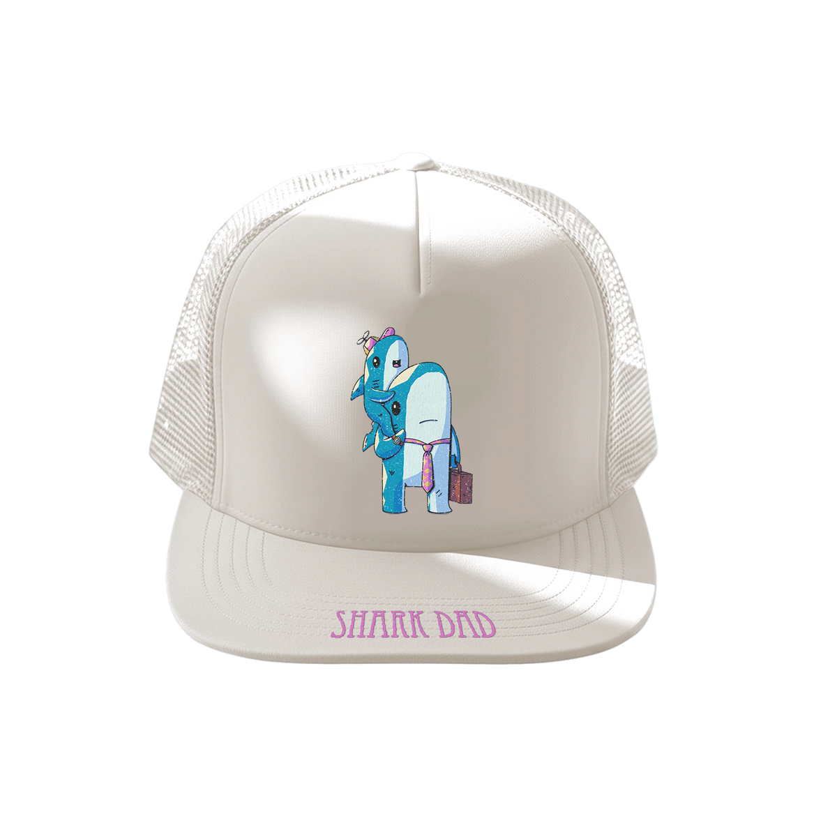 Trucker hat with a graphic of a shark and a baby shark, and 'Shark Dad' text on a white background.