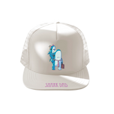 Trucker hat with a graphic of a shark and a baby shark, and 'Shark Dad' text on a white background.
