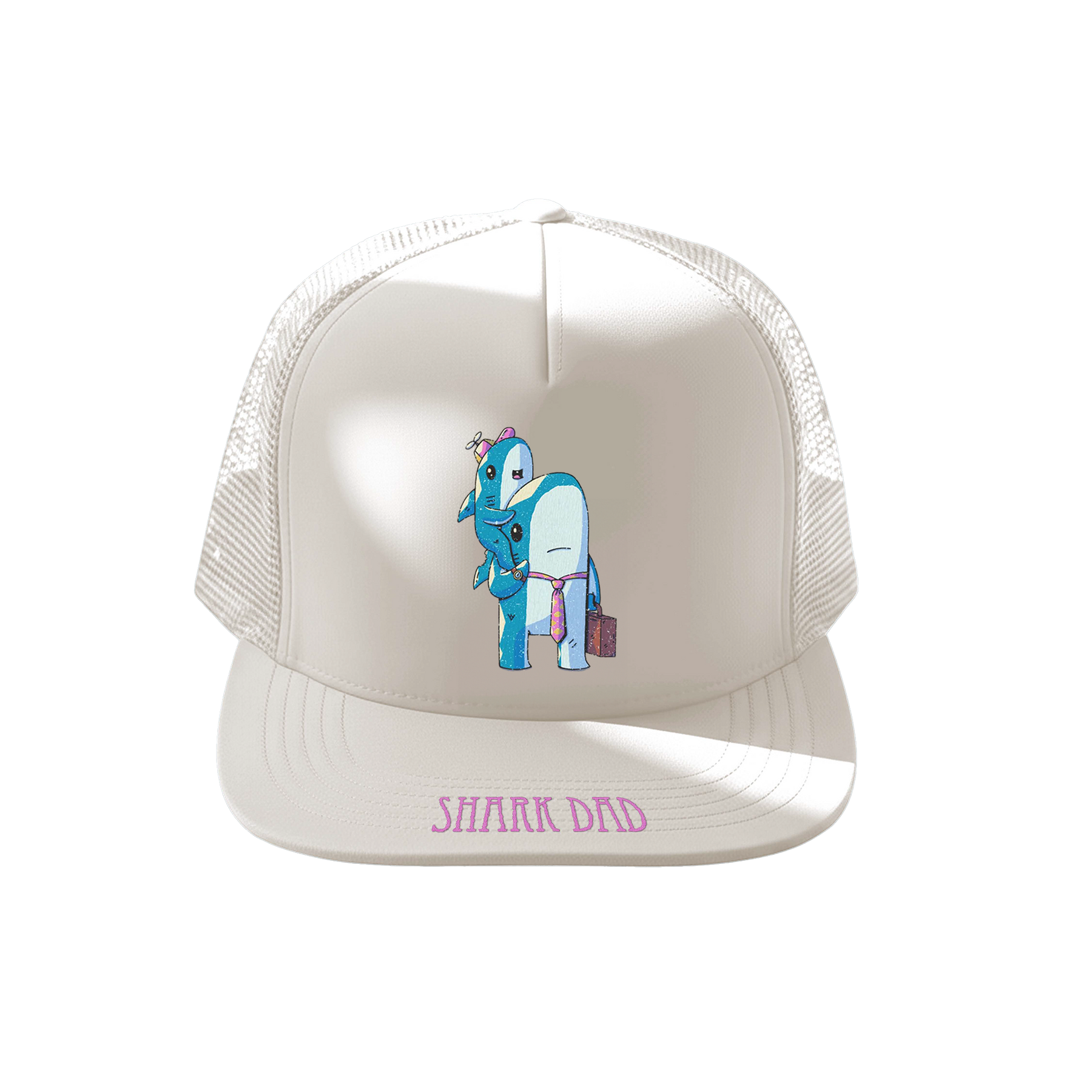 Trucker hat with a graphic of a shark and a baby shark, and 'Shark Dad' text on a white background.