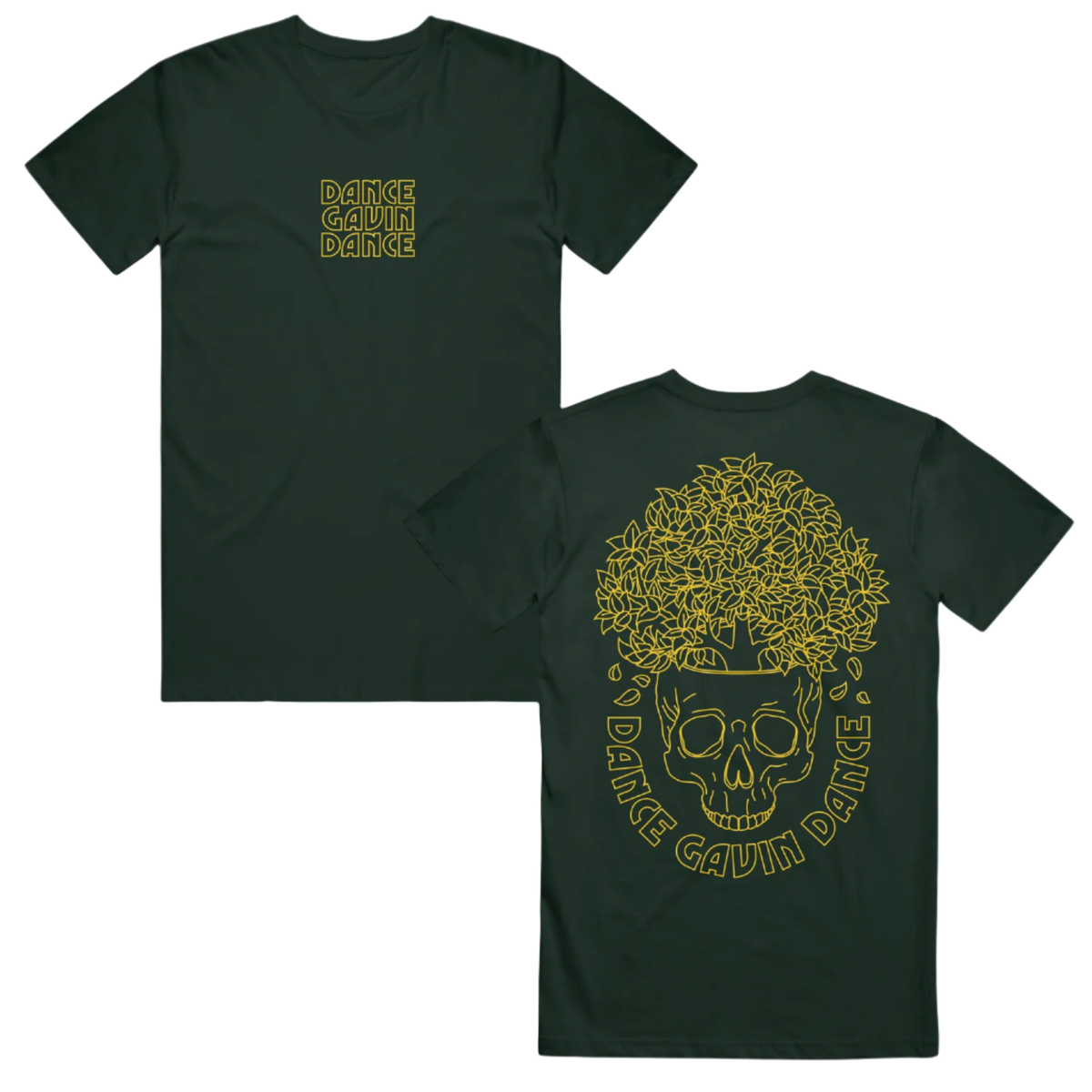 Green t-shirt with Dance Gavin Dance in yellow text and skull design. 